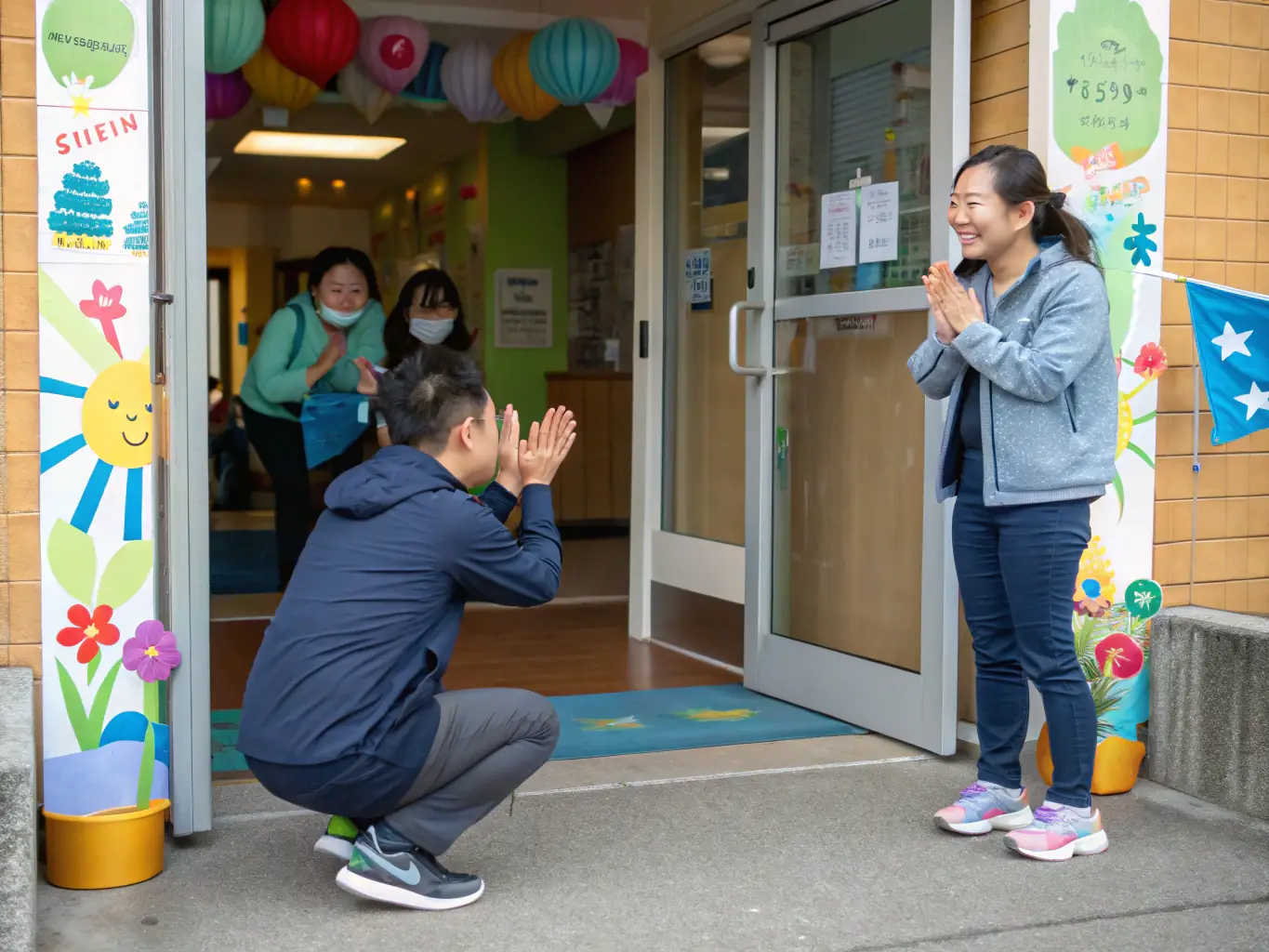 A parent is smiling and confidently leaving their child with a MaidMatch childcare specialist at the doorstep. The image conveys trust, reliability, and a smooth transition.