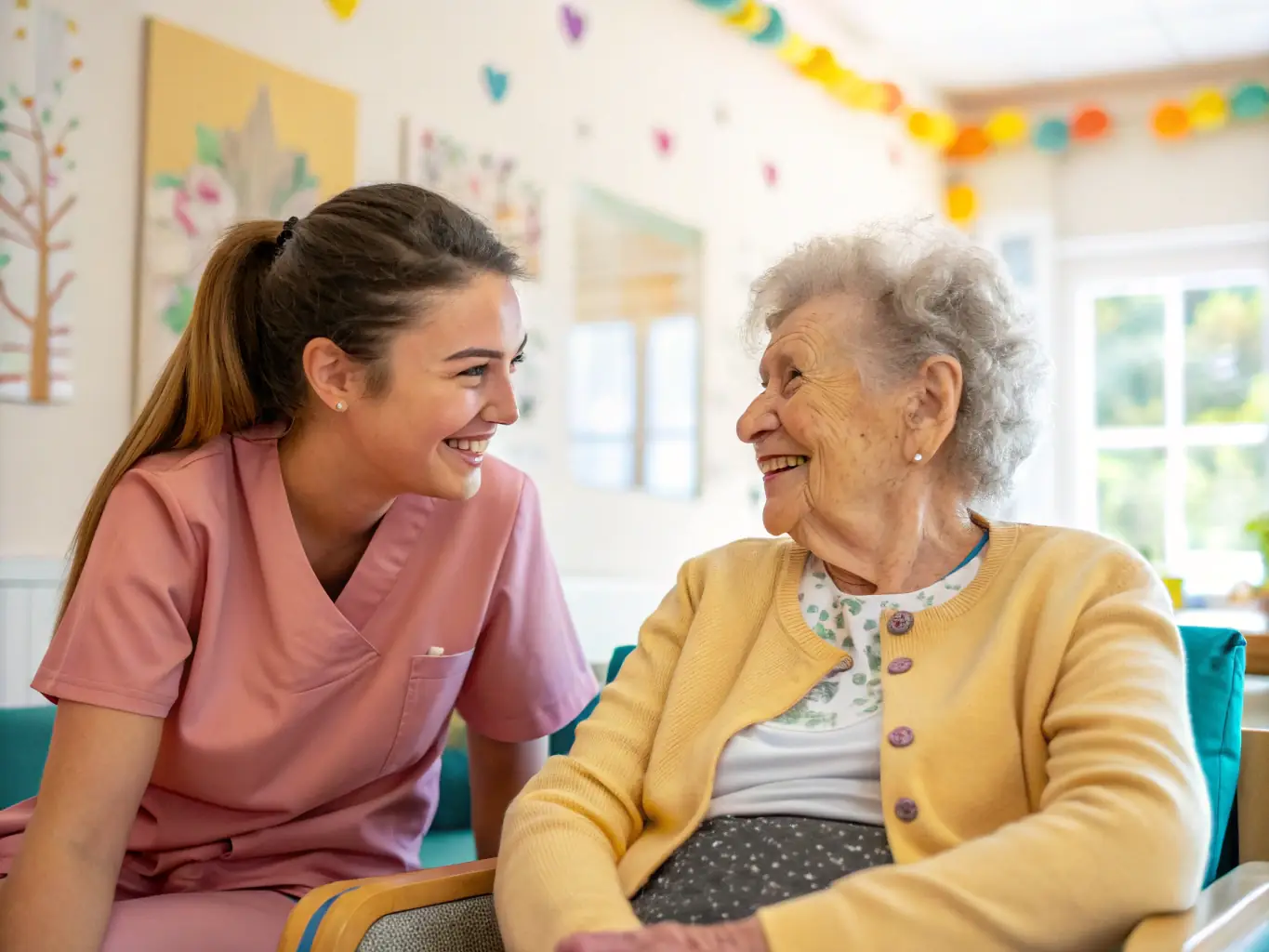 An eldercare professional engaging in a stimulating activity with a senior, such as reading or playing a game, in a bright and cheerful environment.