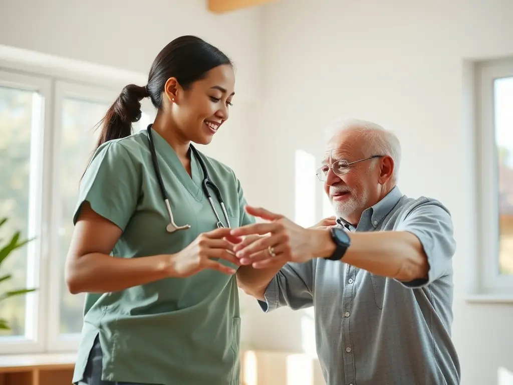 An eldercare professional assisting a senior with mobility exercises in a safe and supportive environment, focusing on maintaining physical health and independence.