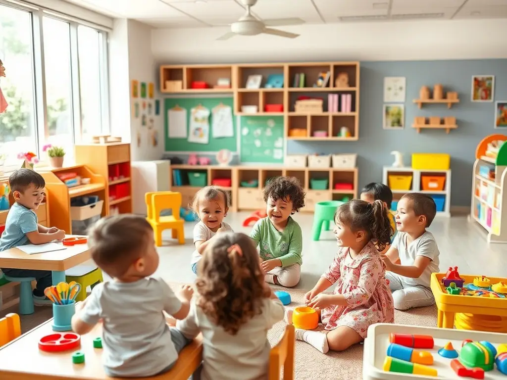 A diverse group of children are happily engaged in various activities, such as reading, drawing, and playing games, under the supervision of a MaidMatch childcare specialist. The scene showcases a stimulating and inclusive environment.