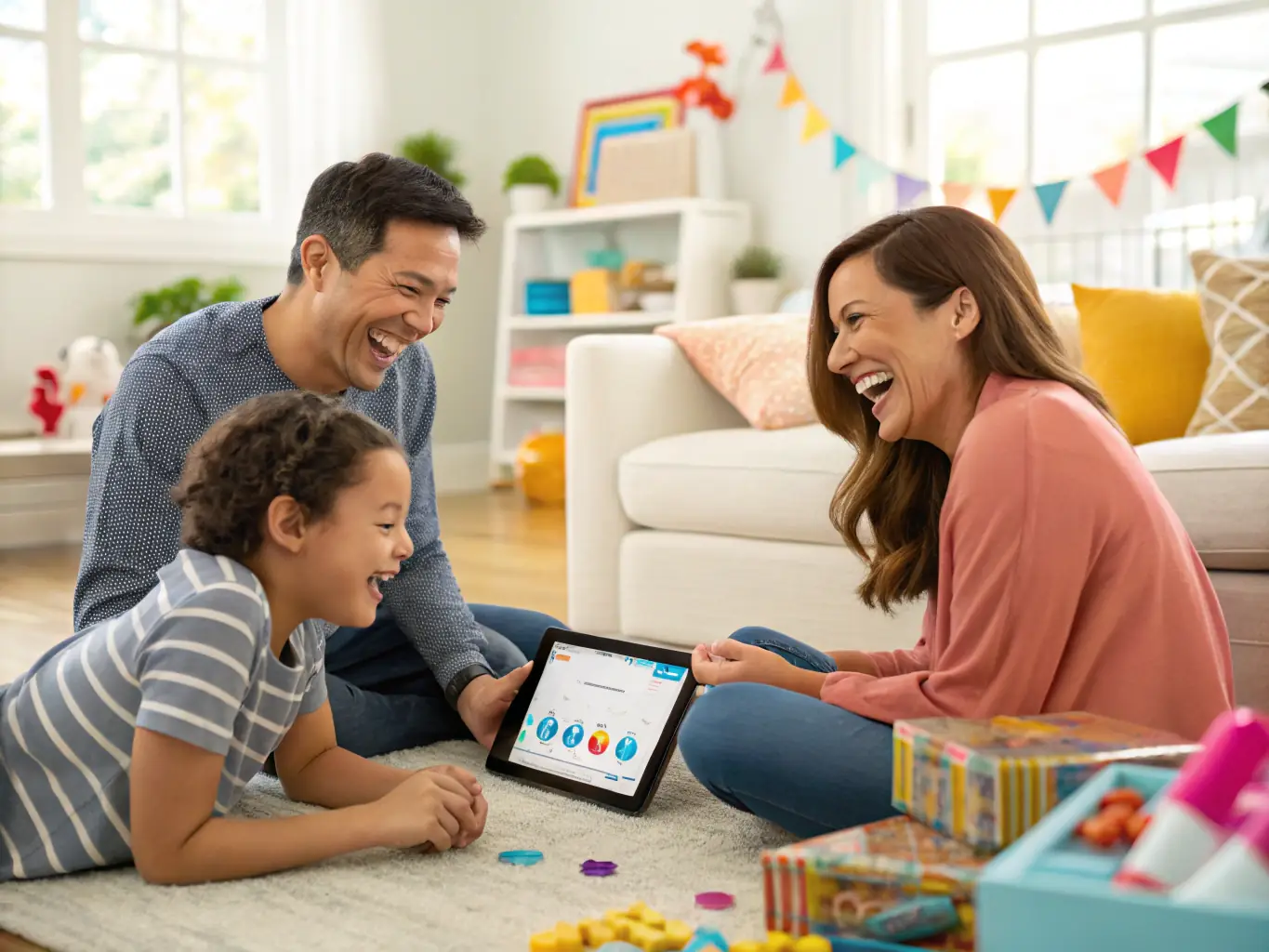 A friendly AI assistant interface on a tablet screen, with matching icons and a family discussing options, modern digital aesthetic, representing the first step of defining your needs.