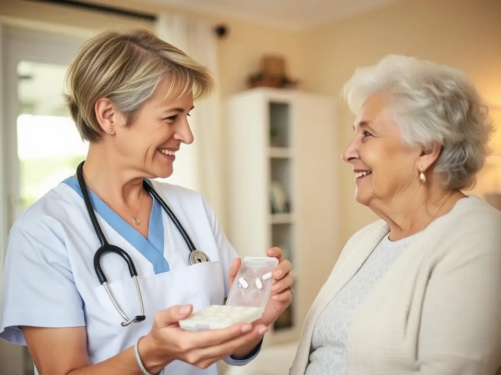 A compassionate eldercare professional assisting a senior with medication in a comfortable home setting. The scene should convey trust and care.